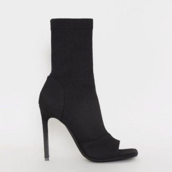 Black Lycra Squared Open Toe Ankle Booties - Picture 7 of 9